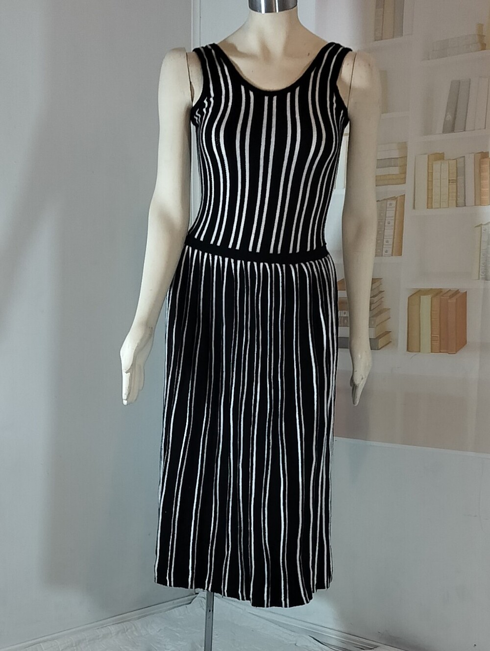 & Other Stories Black and White Striped Knit Midi Dress